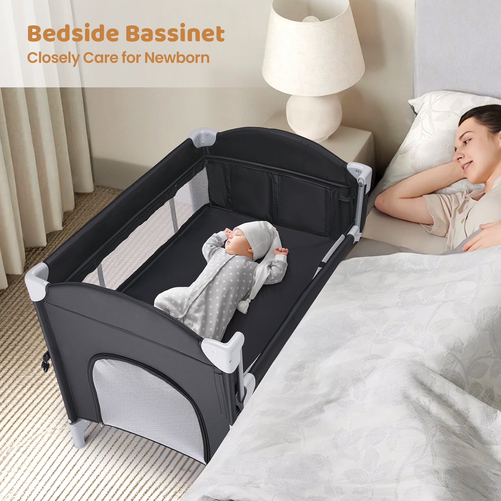 JOYMOR Baby Bedside Bassinet with Diaper Changing Table 5 in 1 Pack and Play