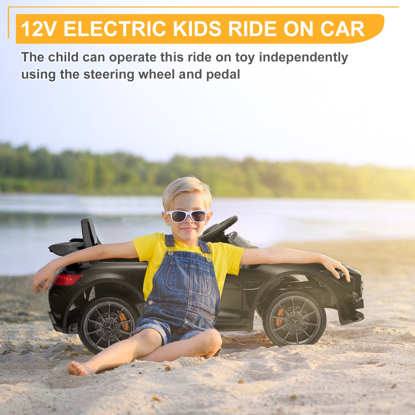 Joymor 12V Kids Ride On Car 2.4G Remote Control, Licensed Mercedes Benz AMG GTR 12V Battery Powered Electric Vehicle