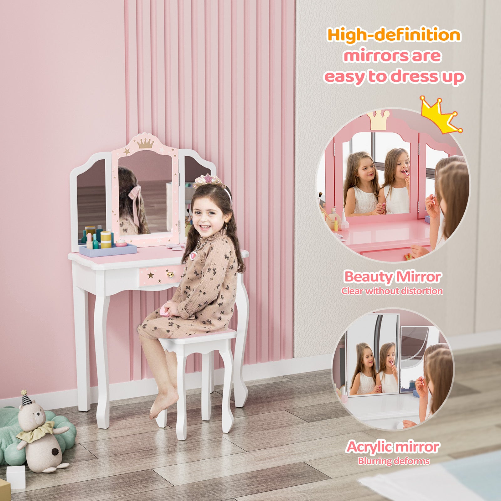 disney princess dressing table and stool Princess-Themed Plastic Kids Vanity Set with LED Mirror and Stool Vanity / Pink/Blue