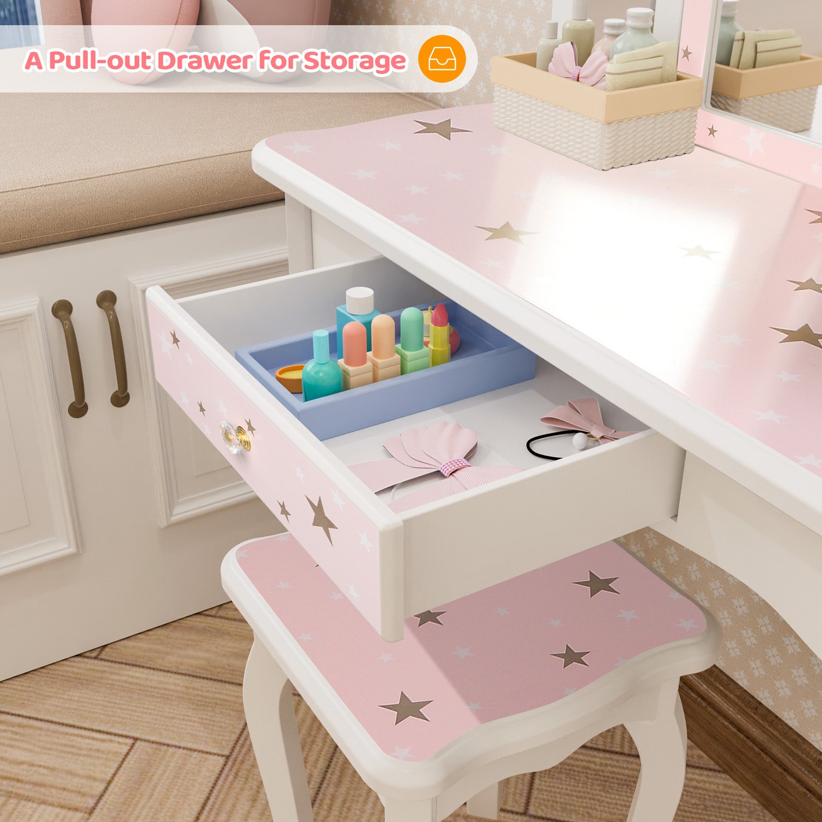 JOYMOR Kids Princess Vanity Table and Chair Set Mirror Makeup Dressing Table with Tri Folding