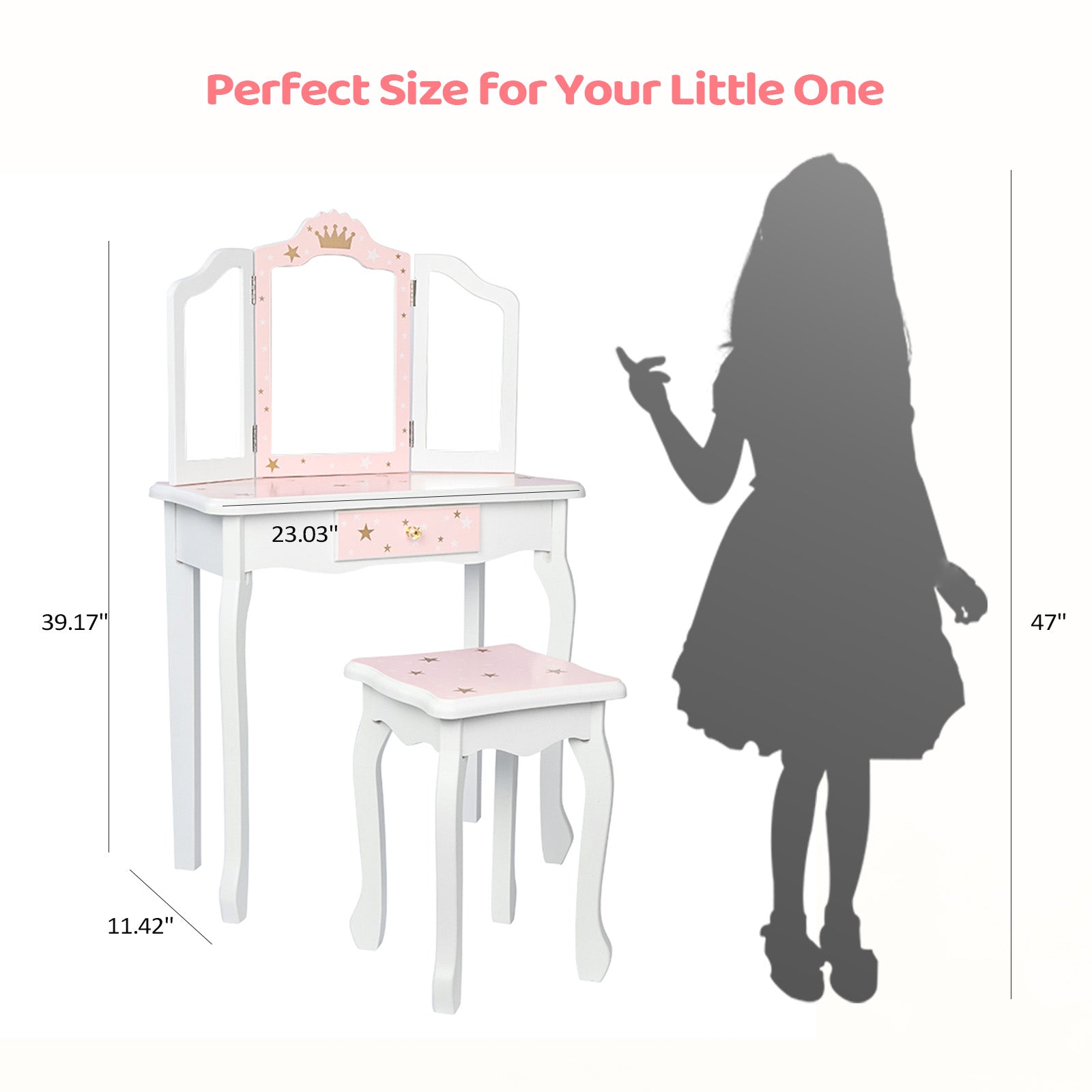 JOYMOR Kids Princess Vanity Table and Chair Set Mirror Makeup Dressing Table with Tri Folding