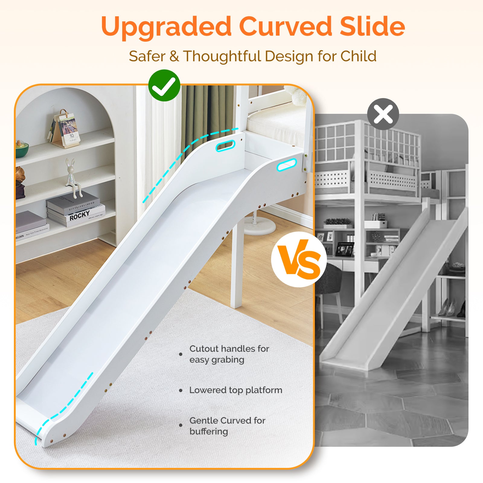 Joymor Twin Size Low Loft Bed with Slide and Ladder Pine Wood