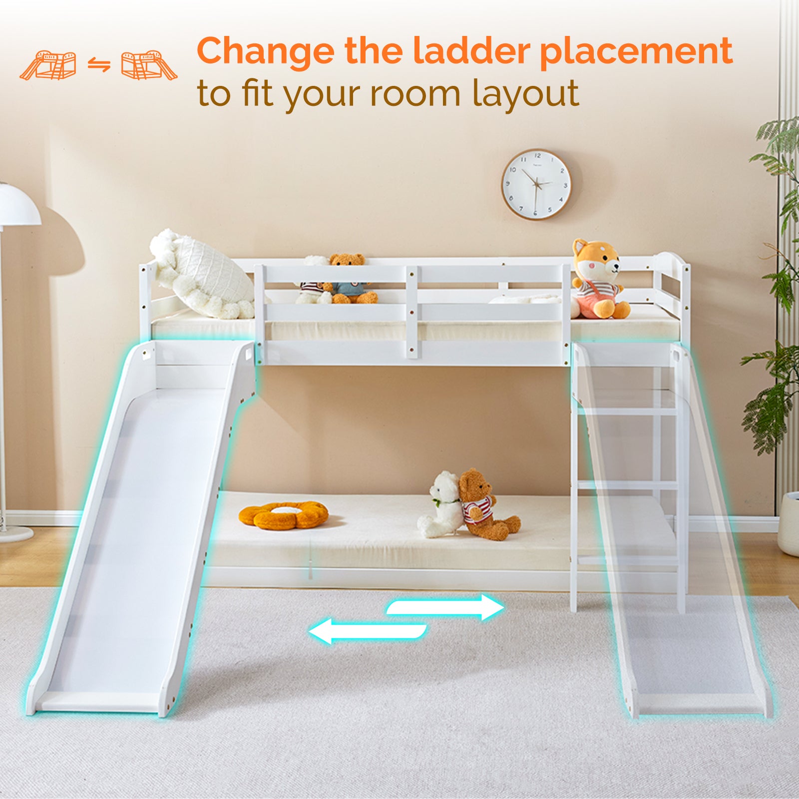 JOYMOR Wood Low Bunk Bed Twin Over Twin Loft Bed Frame with Slide