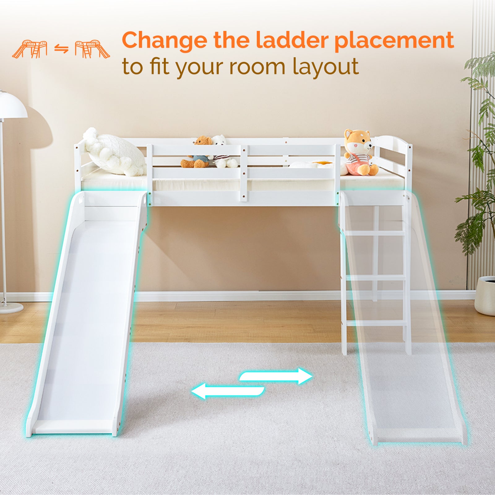 Joymor Twin Size Low Loft Bed with Slide and Ladder Pine Wood