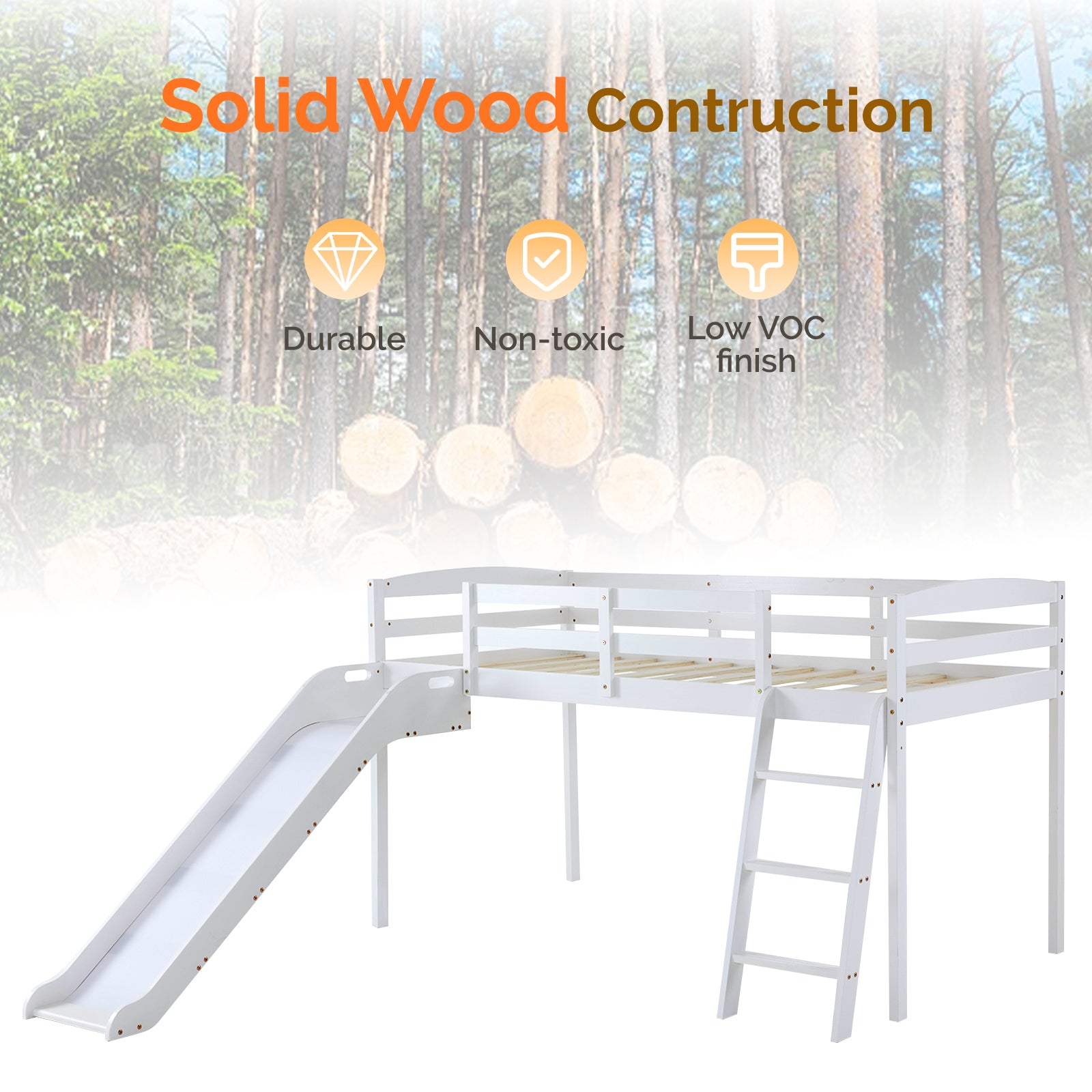 Joymor Twin Size Low Loft Bed with Slide and Ladder Pine Wood