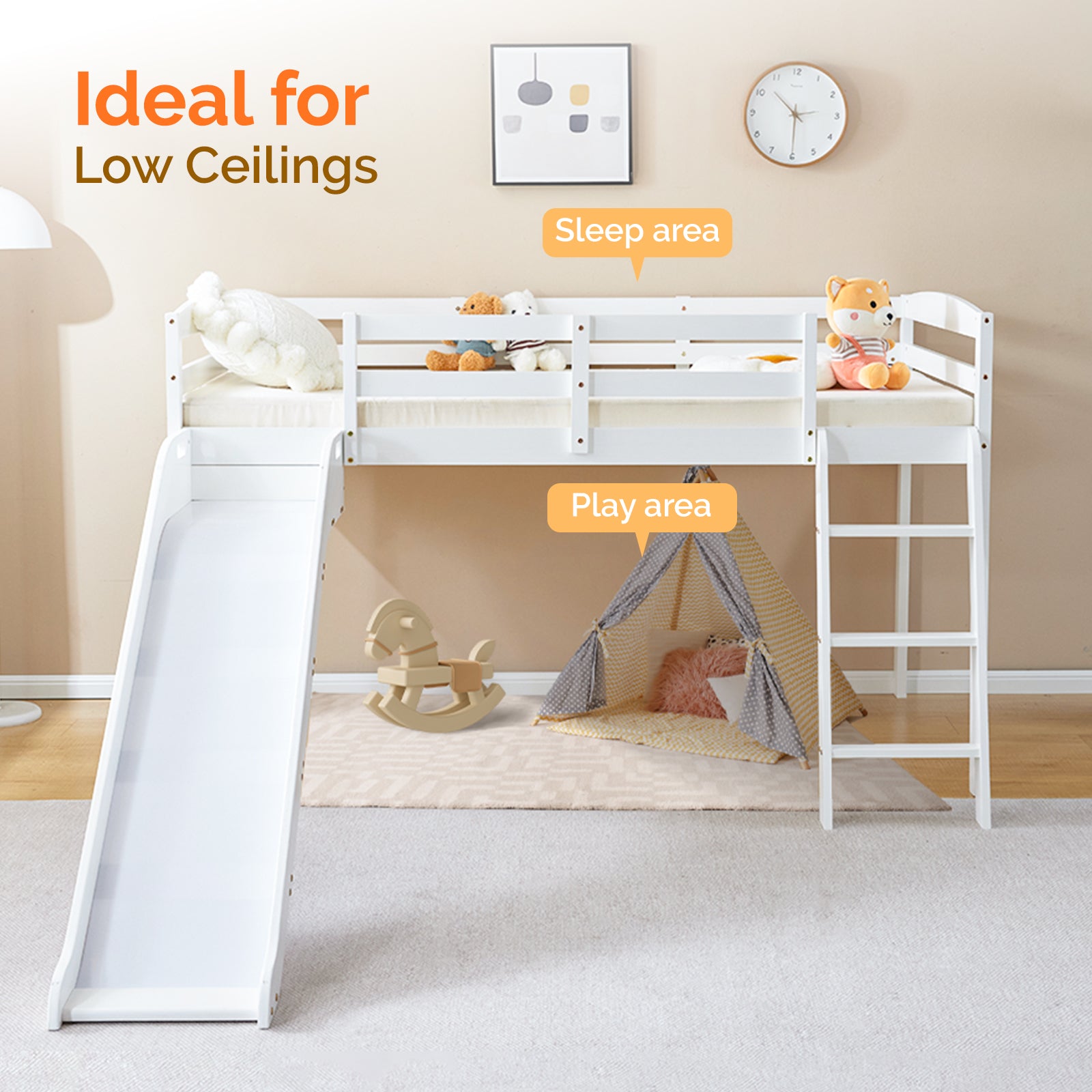 Joymor Twin Size Low Loft Bed with Slide and Ladder Pine Wood