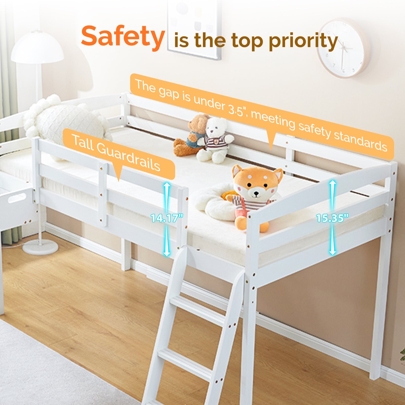 Joymor Twin Size Low Loft Bed with Slide and Ladder Pine Wood