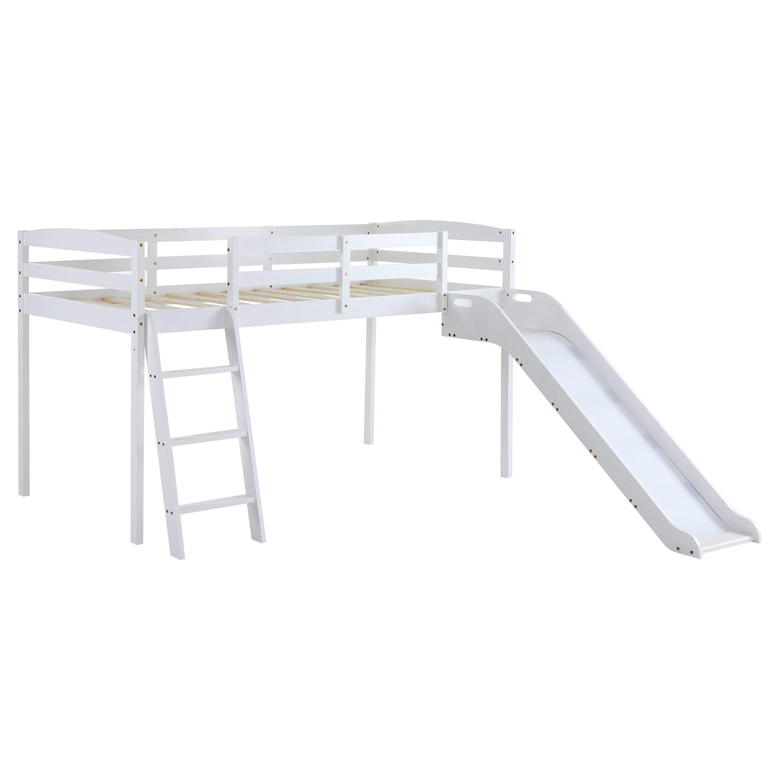 Joymor Twin Size Low Loft Bed with Slide and Ladder Pine Wood