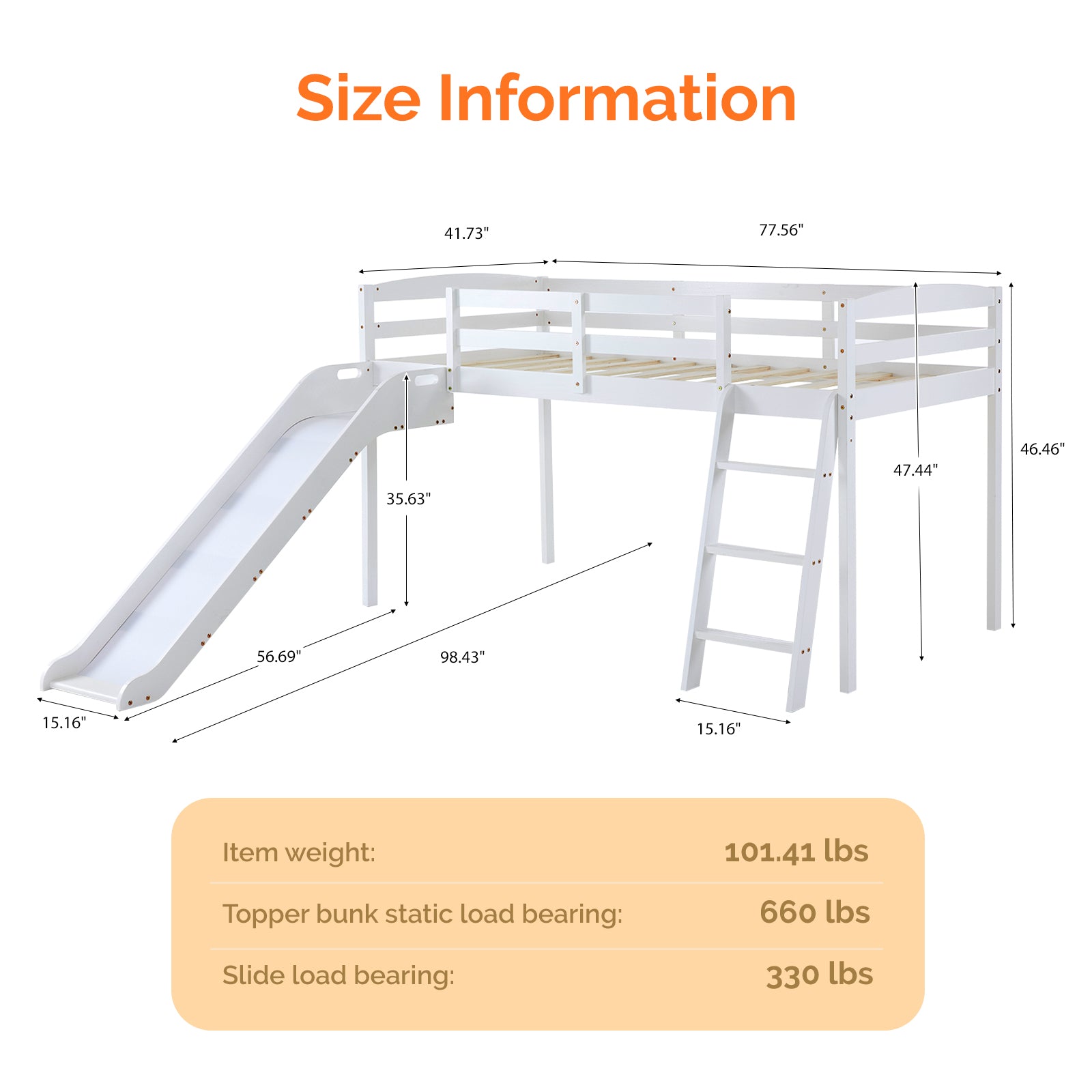 Joymor Twin Size Low Loft Bed with Slide and Ladder Pine Wood