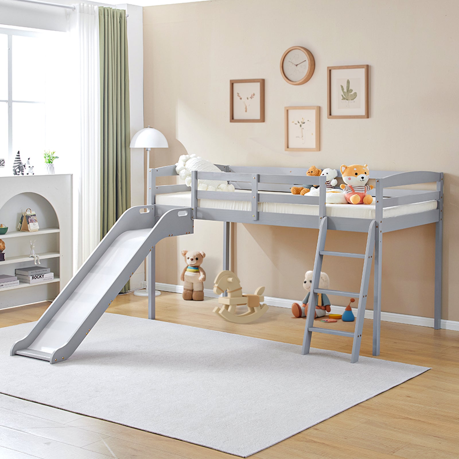 Joymor Twin Size Low Loft Bed with Slide and Ladder Pine Wood