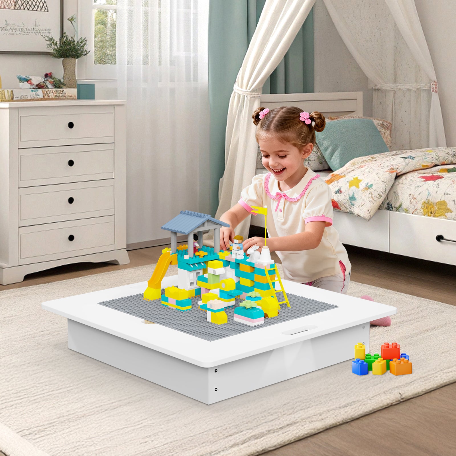 JOYMOR 2-in-1 Kids Activity & Building Block Table with Storage, Detachable Kids Play Table for Ages 3-8, White
