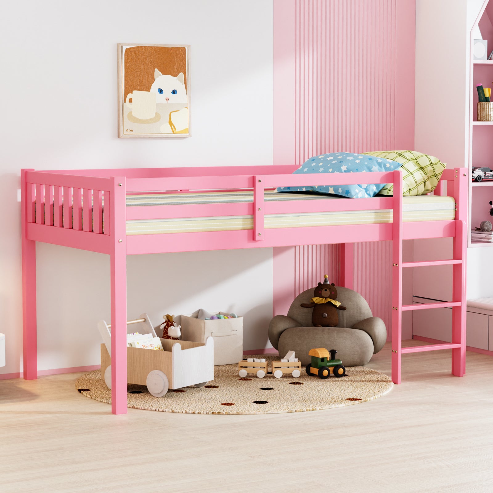 JOYMOR Low Loft Bed with Stairs Wood Twin Bed Frame