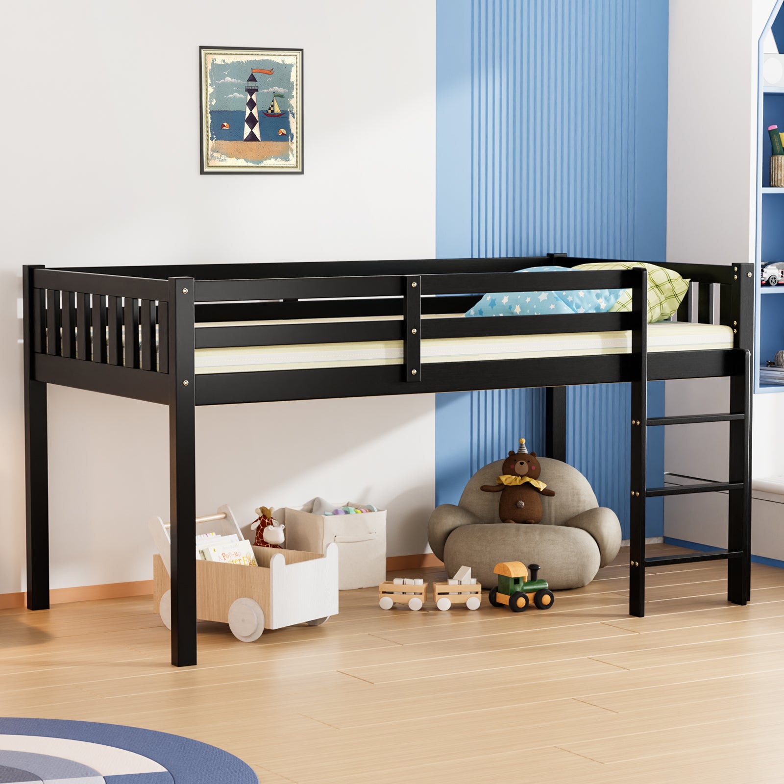 JOYMOR Low Loft Bed with Stairs Wood Twin Bed Frame
