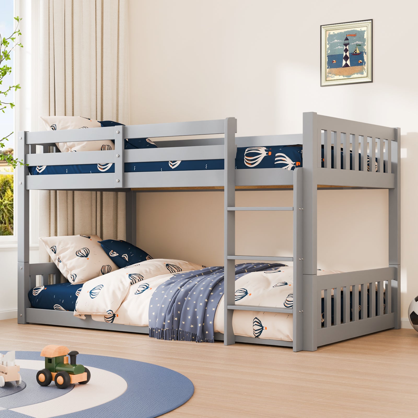 JOYMOR Wood Bunk Bed Low Twin Over Twin Bed Frame with Ladder