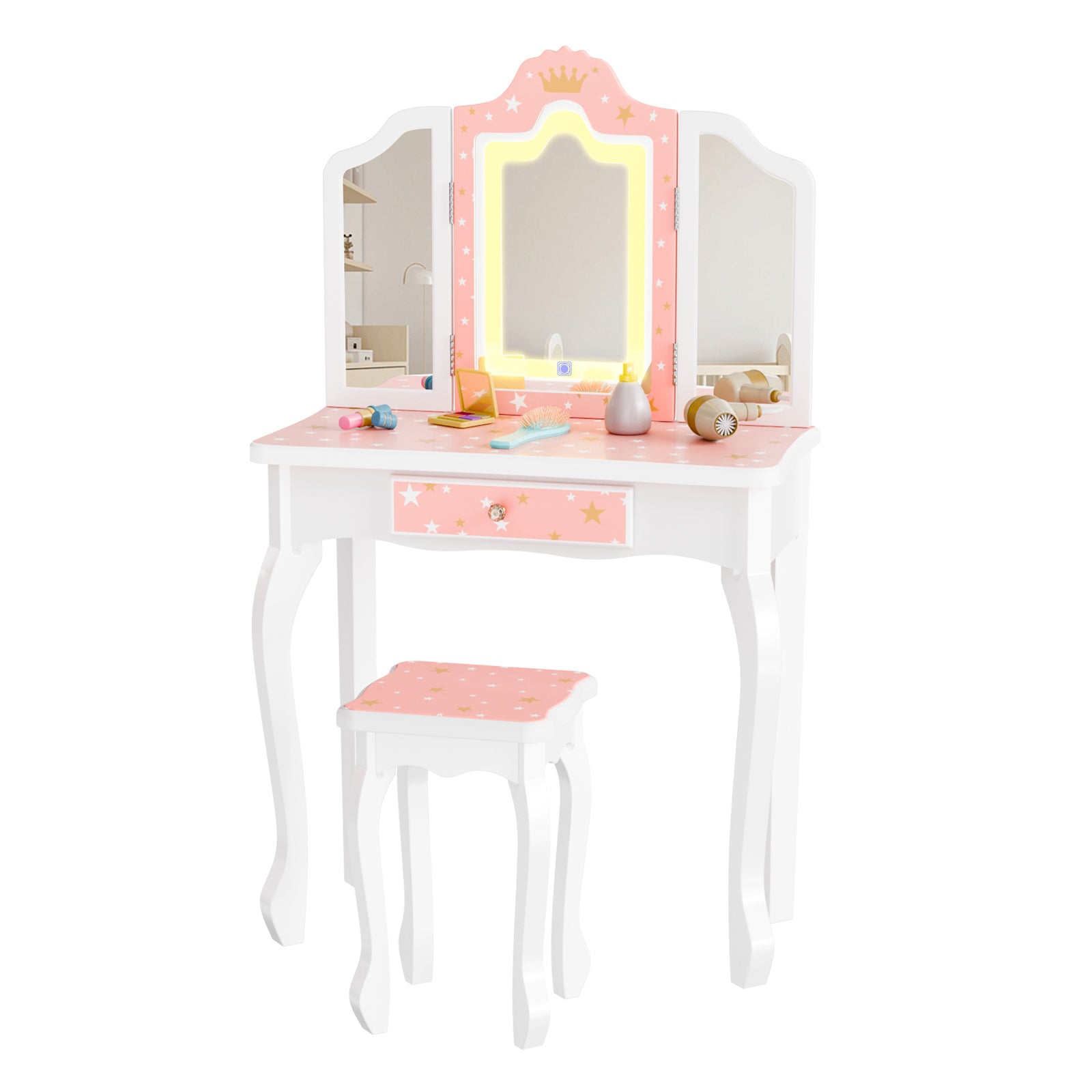 JOYMOR Upgrade Kids Vanity w/Tri-Folding Mirror & Adjustment LED Touch Screen 2-in-1 Wooden Princess Makeup Desk Dressing Table
