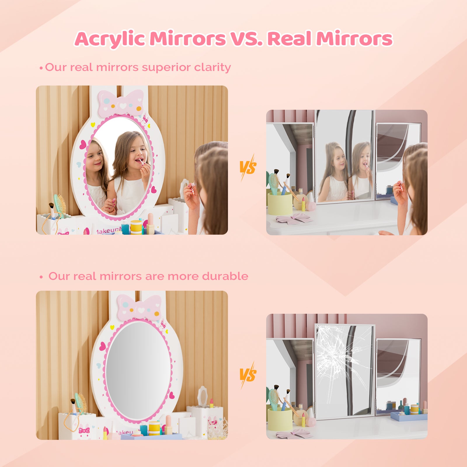 JOYMOR Pretend Play Kids Vanity Set with Mirror 2 in 1 Wooden Princess Makeup Desk Dressing Table