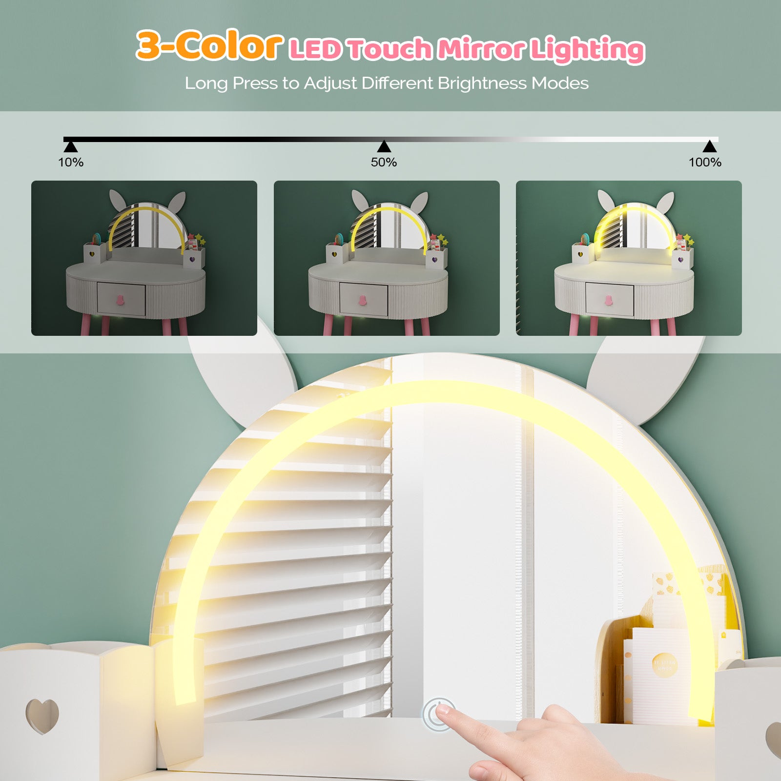 JOYMOR Kids Vanity LED Lighted w/Touch Screen 2 in 1 Wooden Princess Makeup Desk Dressing Table