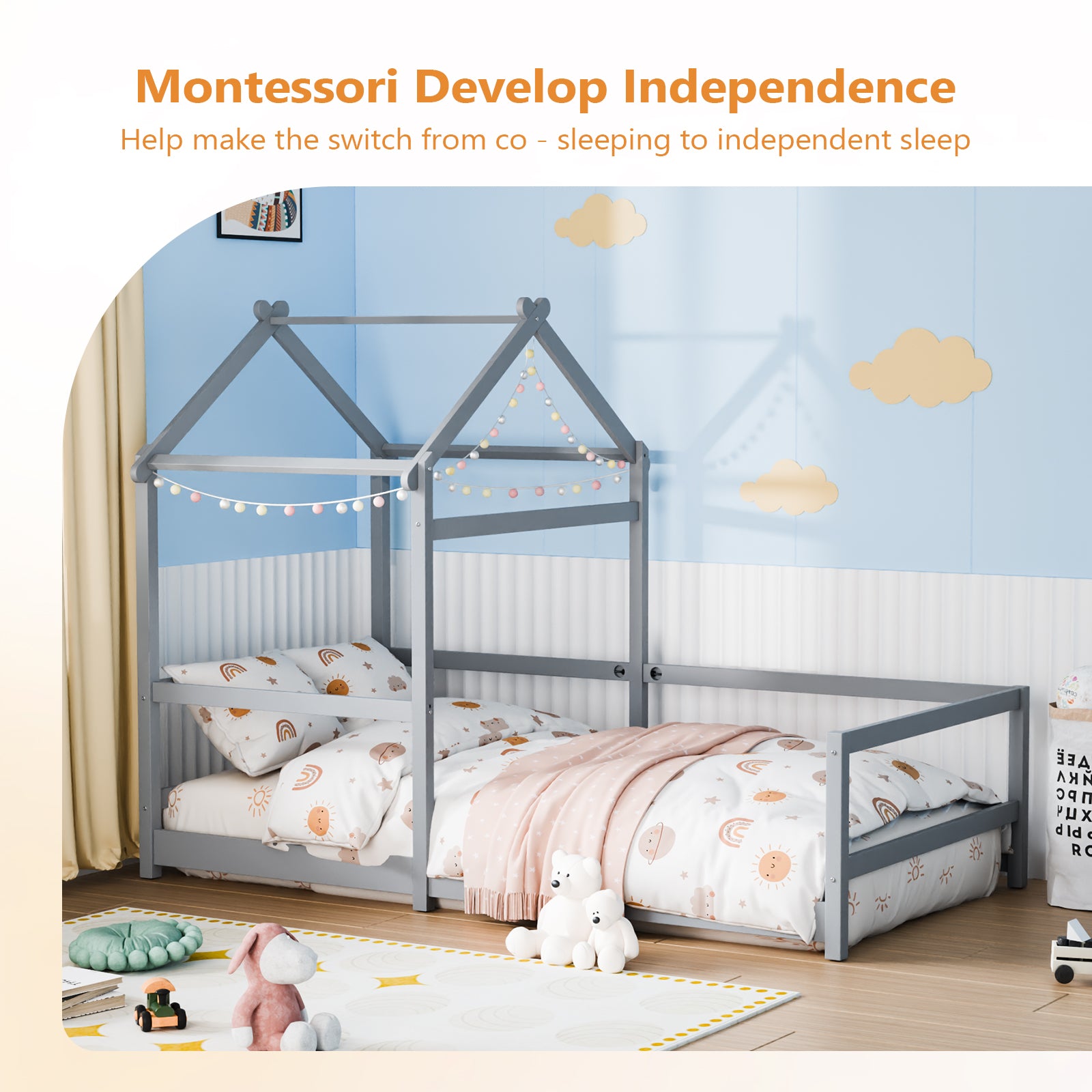 JOYMOR Twin Size Bed Frame Wood Montessori Style Bed
