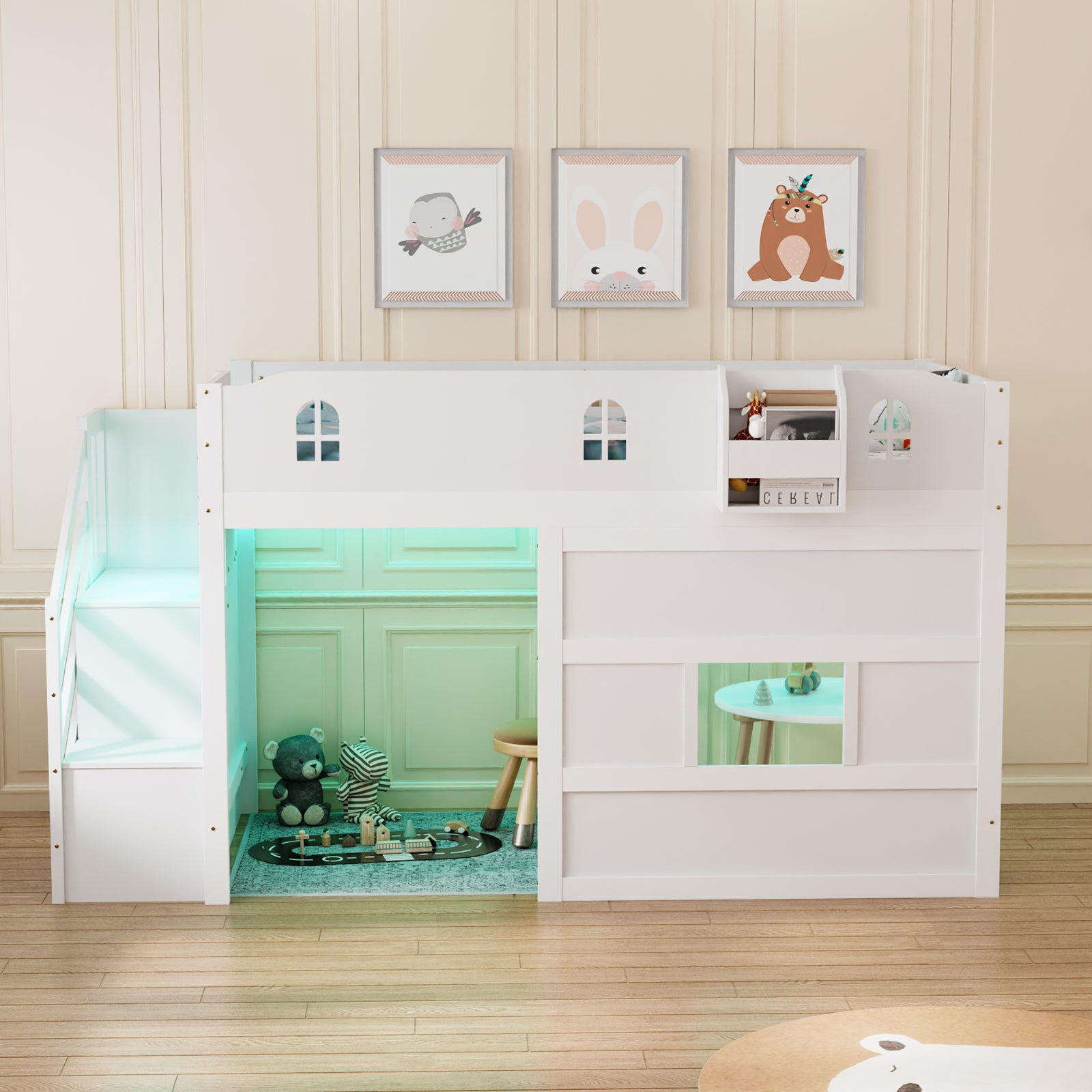 JOYMOR Low Loft Bed with Led Light Loft Bed Twin Size with Staircase and Book Rack