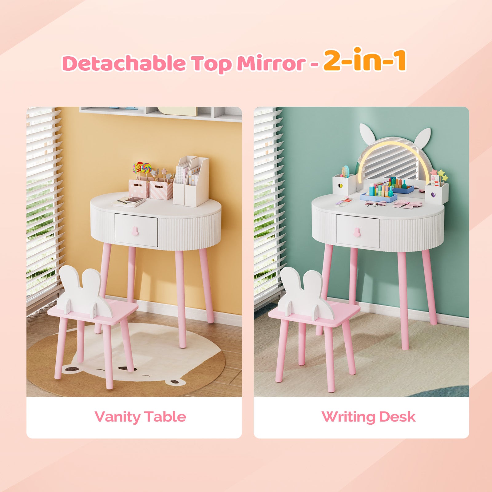 JOYMOR Kids Vanity LED Lighted w/Touch Screen 2 in 1 Wooden Princess Makeup Desk Dressing Table