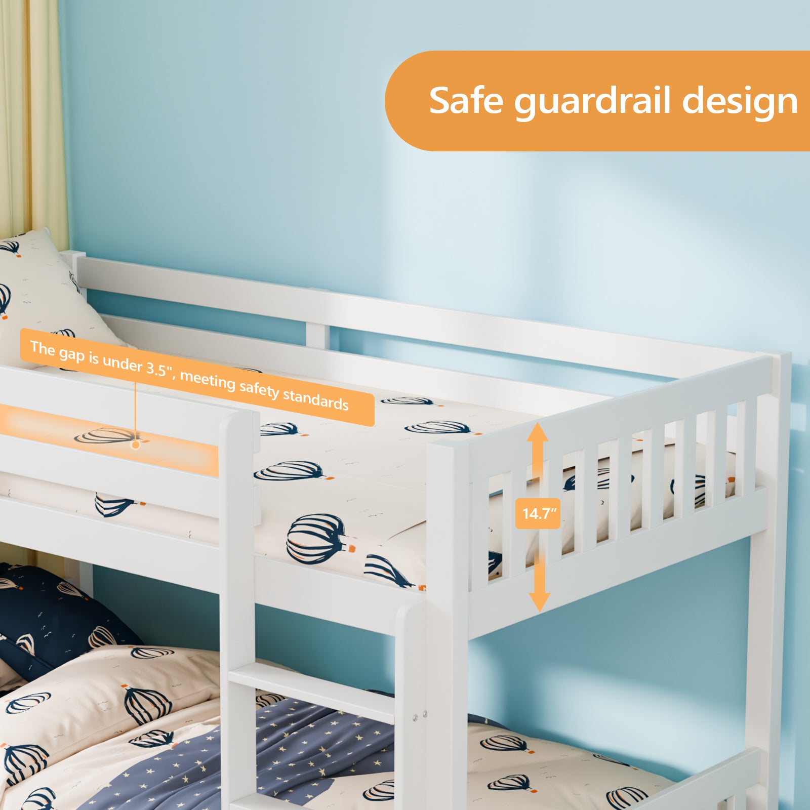 JOYMOR Wood Bunk Bed Low Twin Over Twin Bed Frame with Ladder