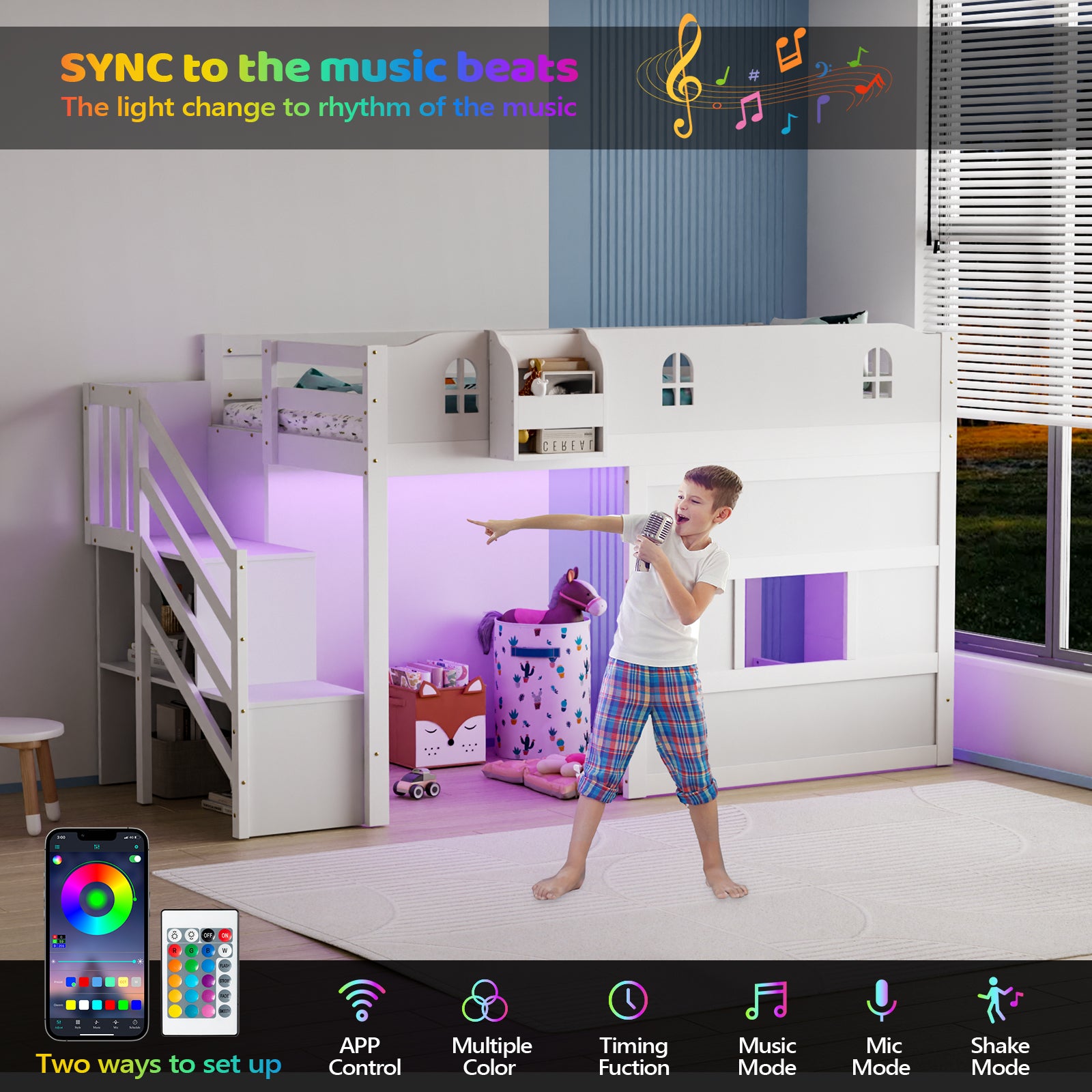 JOYMOR Low Loft Bed with Led Light Loft Bed Twin Size with Staircase and Book Rack