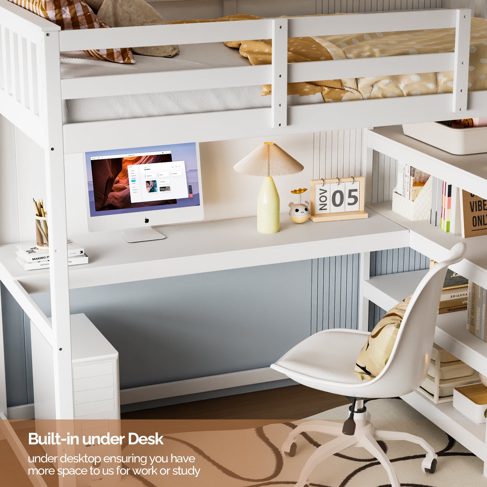 JOYMOR Kids Bunk Bed with Desk Loft Bed Grey