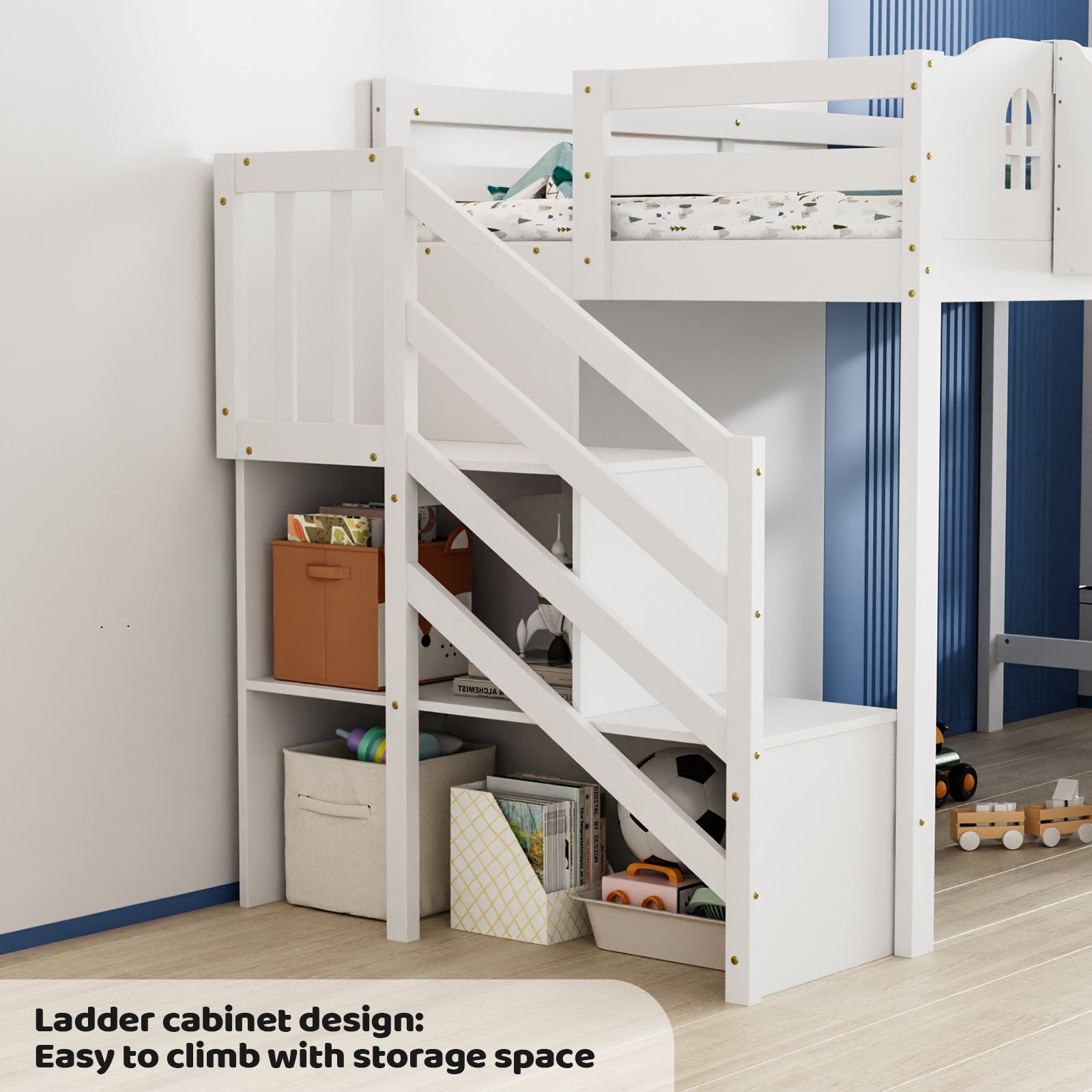 JOYMOR Low Loft Bed with Led Light Loft Bed Twin Size with Staircase and Book Rack