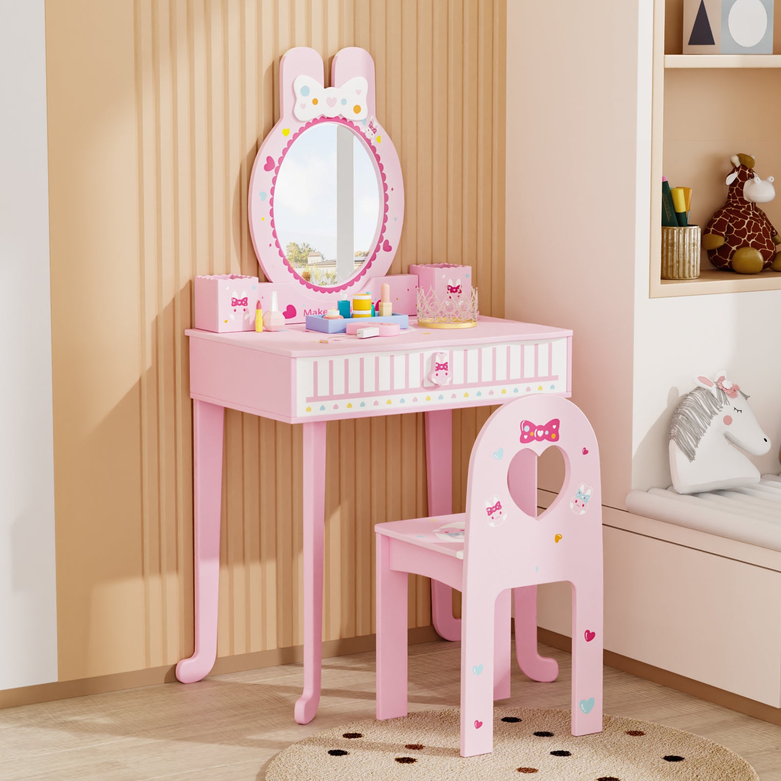 JOYMOR Pretend Play Kids Vanity Set with Mirror in Wooden Princess Makeup Desk Dressing Table