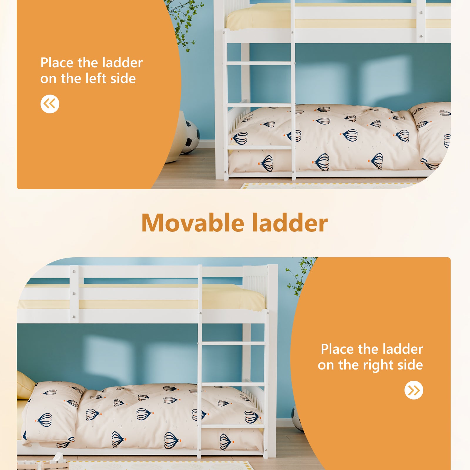 JOYMOR Wood Bunk Bed Low Twin Over Twin Bed Frame with Ladder