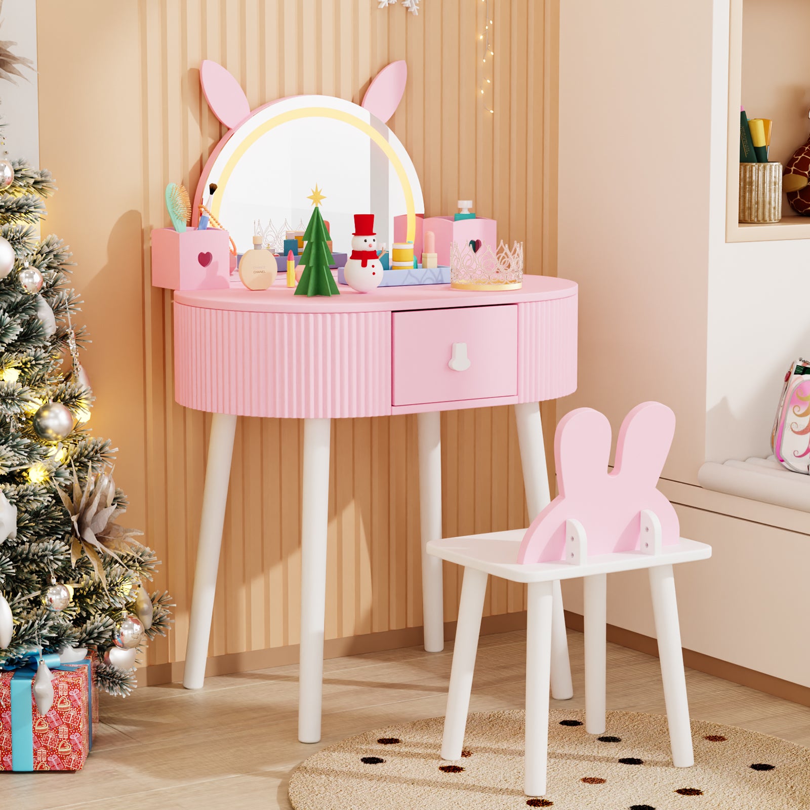 JOYMOR Kids Vanity LED Lighted w/Touch Screen 2 in 1 Wooden Princess Makeup Desk Dressing Table