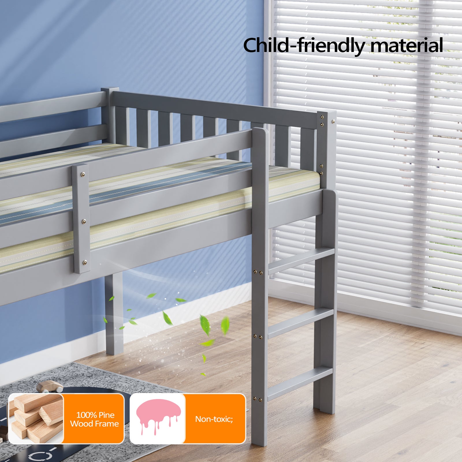 JOYMOR Low Loft Bed with Stairs Wood Twin Bed Frame
