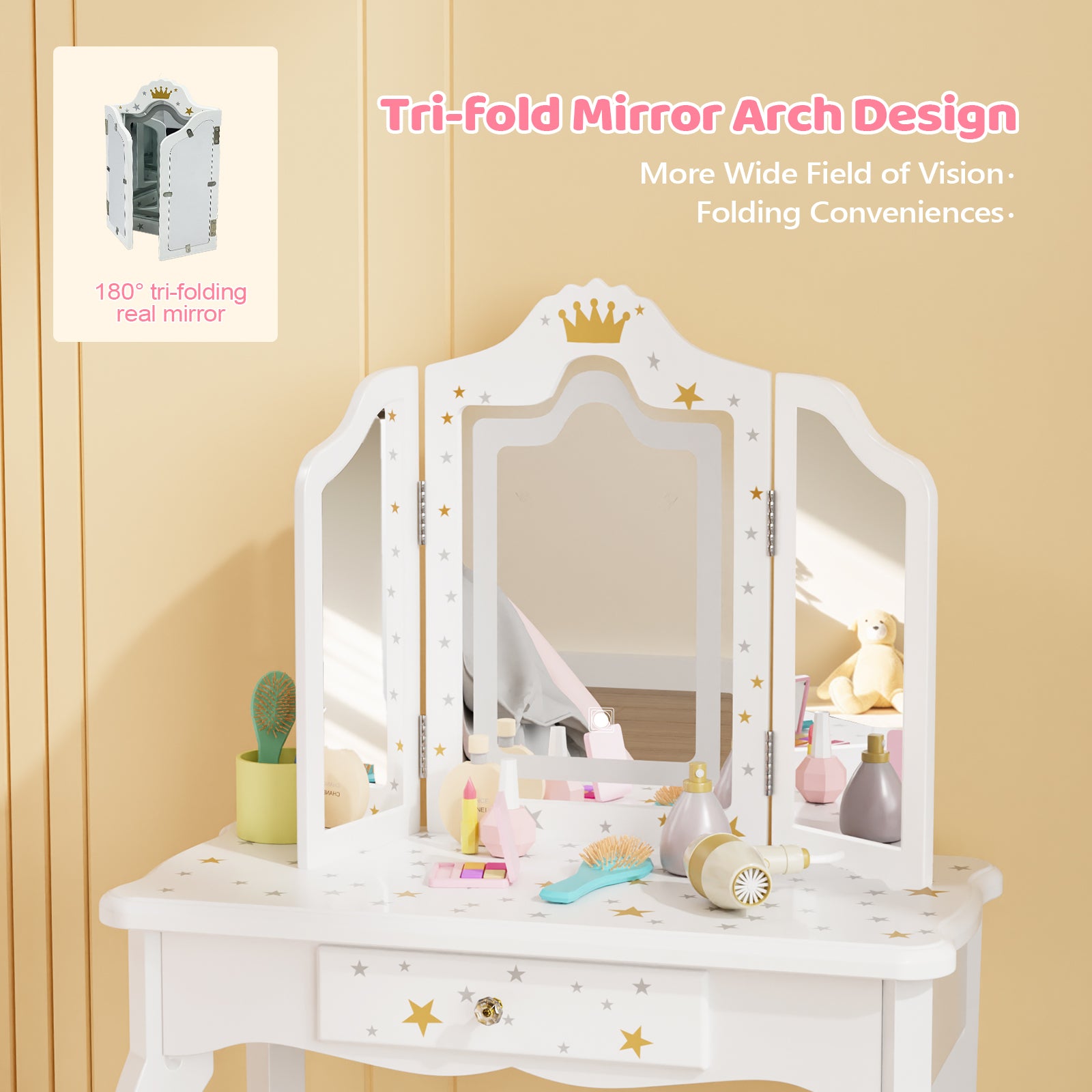 JOYMOR Upgrade Kids Vanity w/Tri-Folding Mirror & Adjustment LED Touch Screen 2-in-1 Wooden Princess Makeup Desk Dressing Table