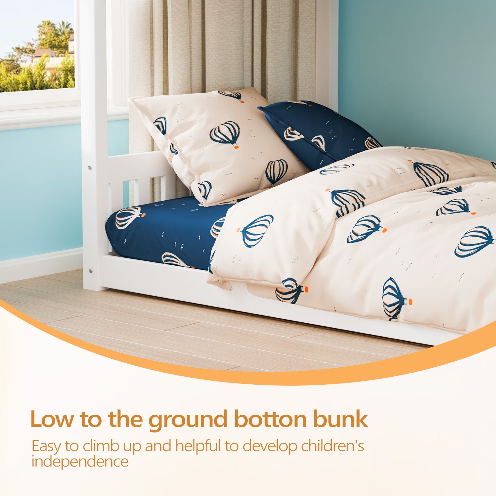 JOYMOR Wood Bunk Bed Low Twin Over Twin Bed Frame with Ladder