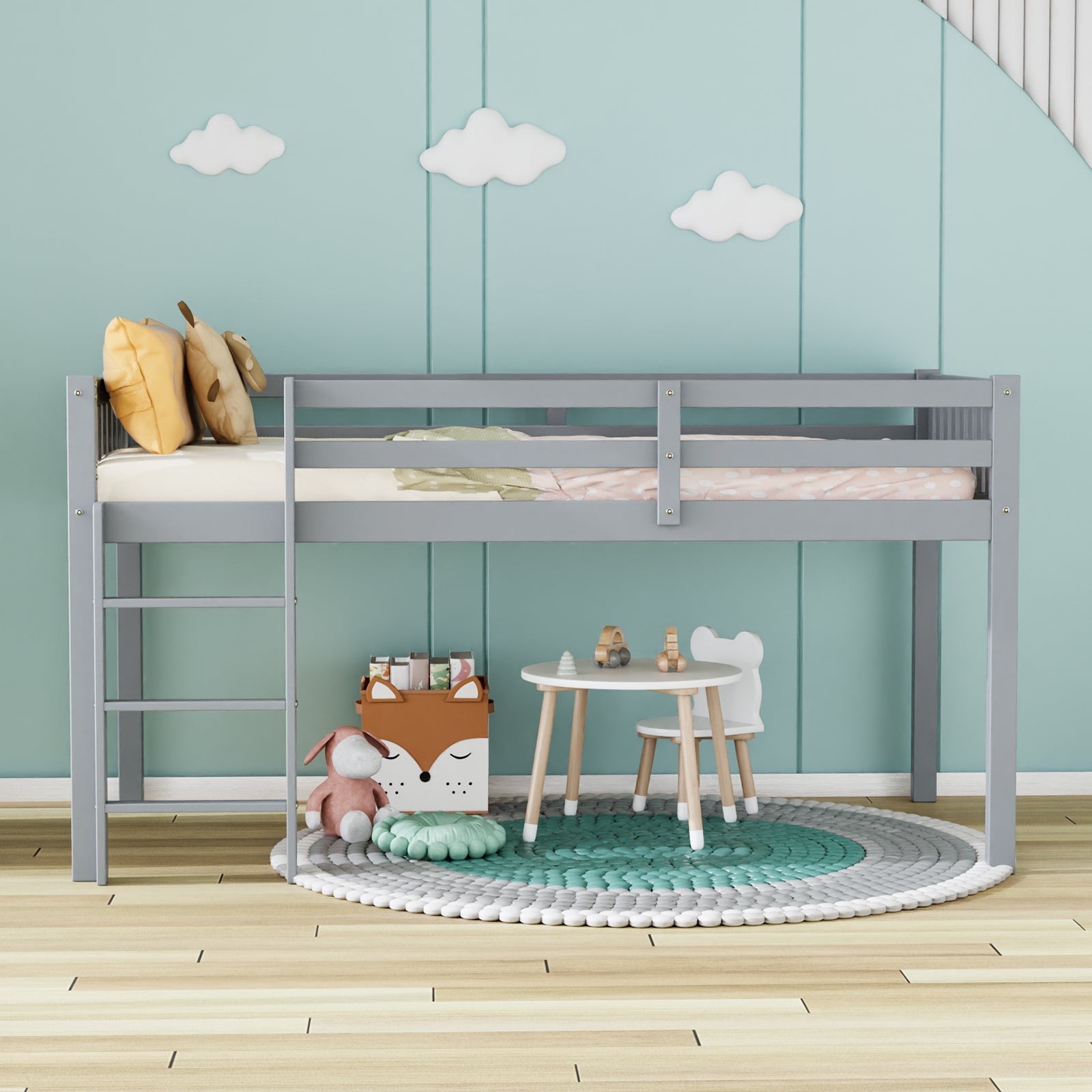 JOYMOR Low Loft Bed with Stairs Wood Twin Bed Frame