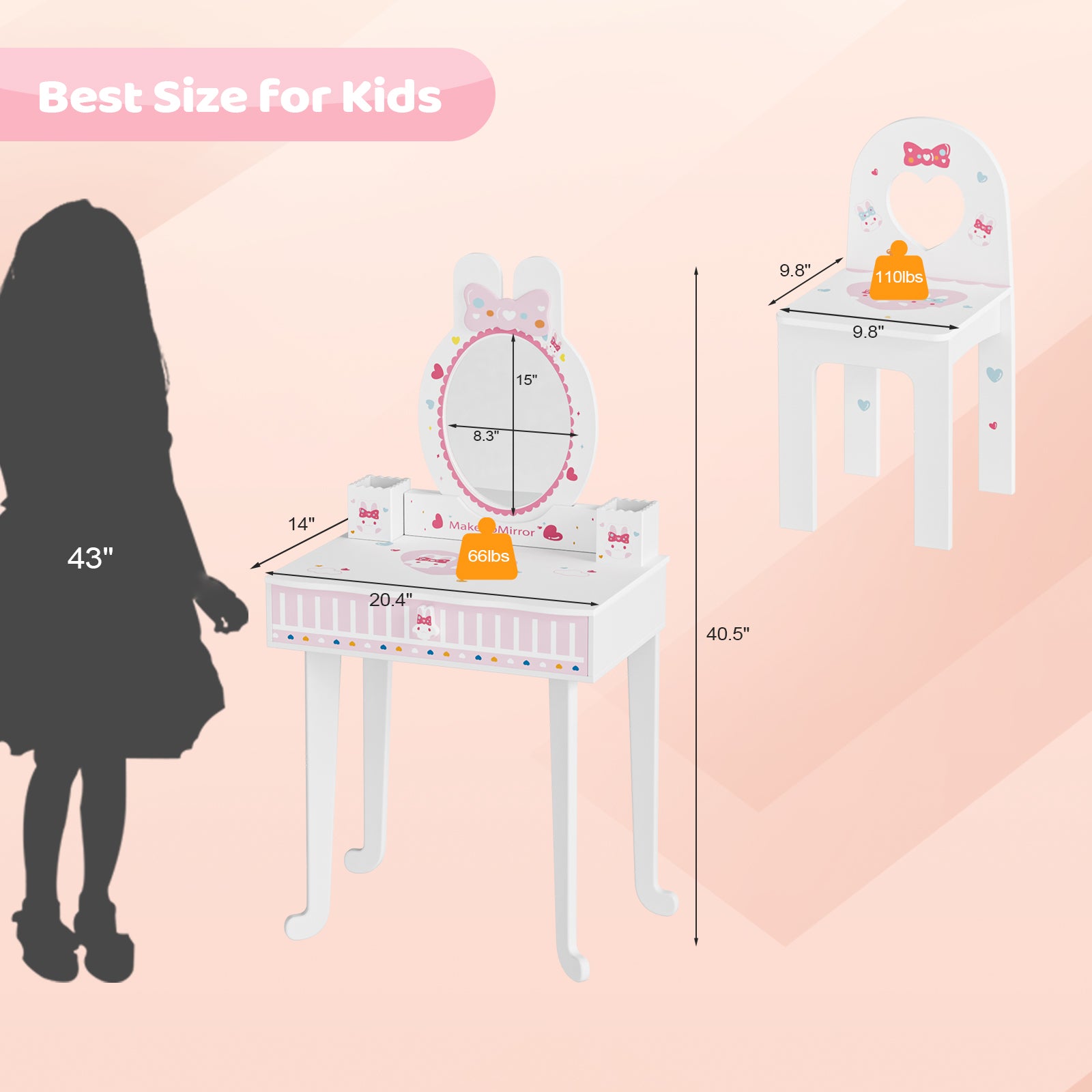 JOYMOR Pretend Play Kids Vanity Set with Mirror 2 in 1 Wooden Princess Makeup Desk Dressing Table