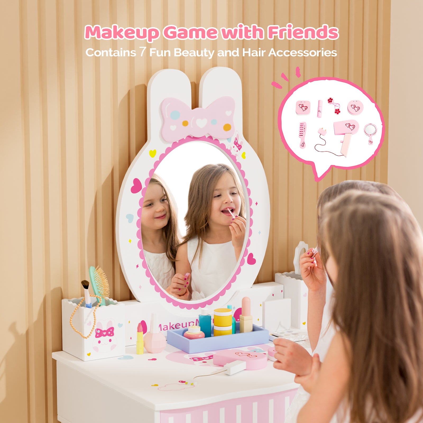 JOYMOR Pretend Play Kids Vanity Set with Mirror 2 in 1 Wooden Princess Makeup Desk Dressing Table