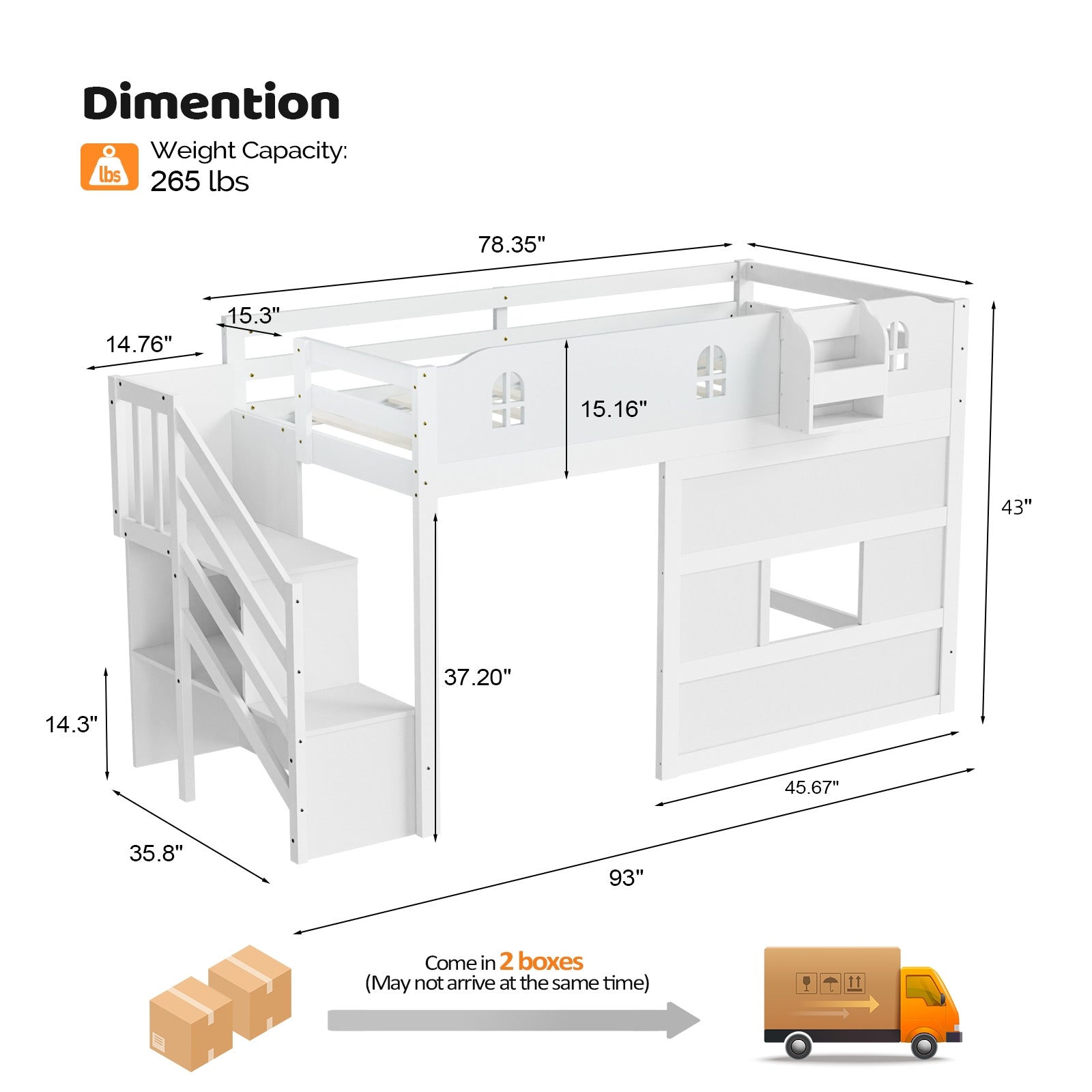 JOYMOR Low Loft Bed with Led Light Loft Bed Twin Size with Staircase and Book Rack