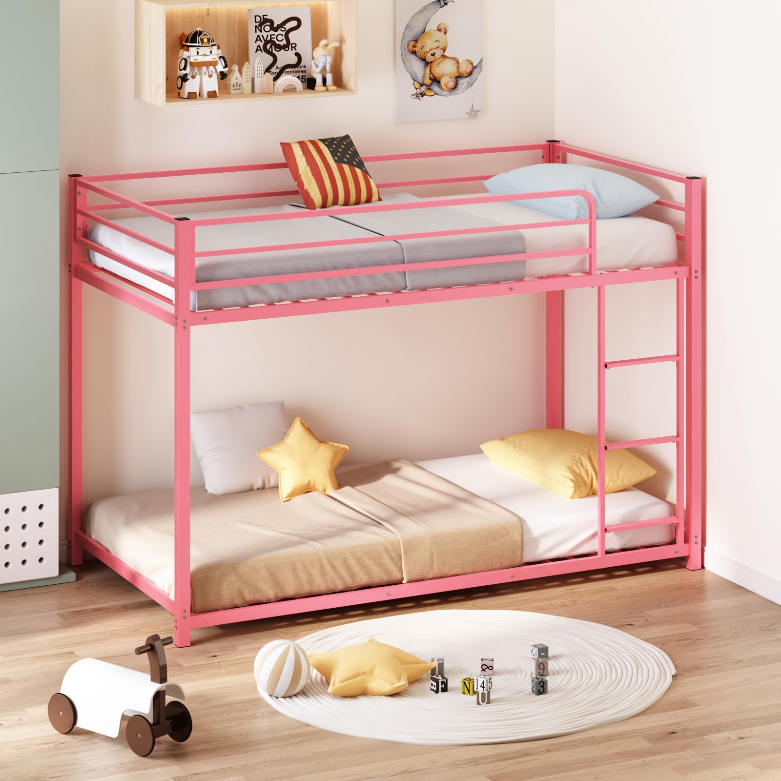 JOYMOR Metal Low Bunk Bed Twin Over Twin Bed Frame