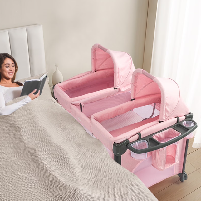 JOYMOR Twin Bassinet for Baby, Double Bassinet for Twins, Pink