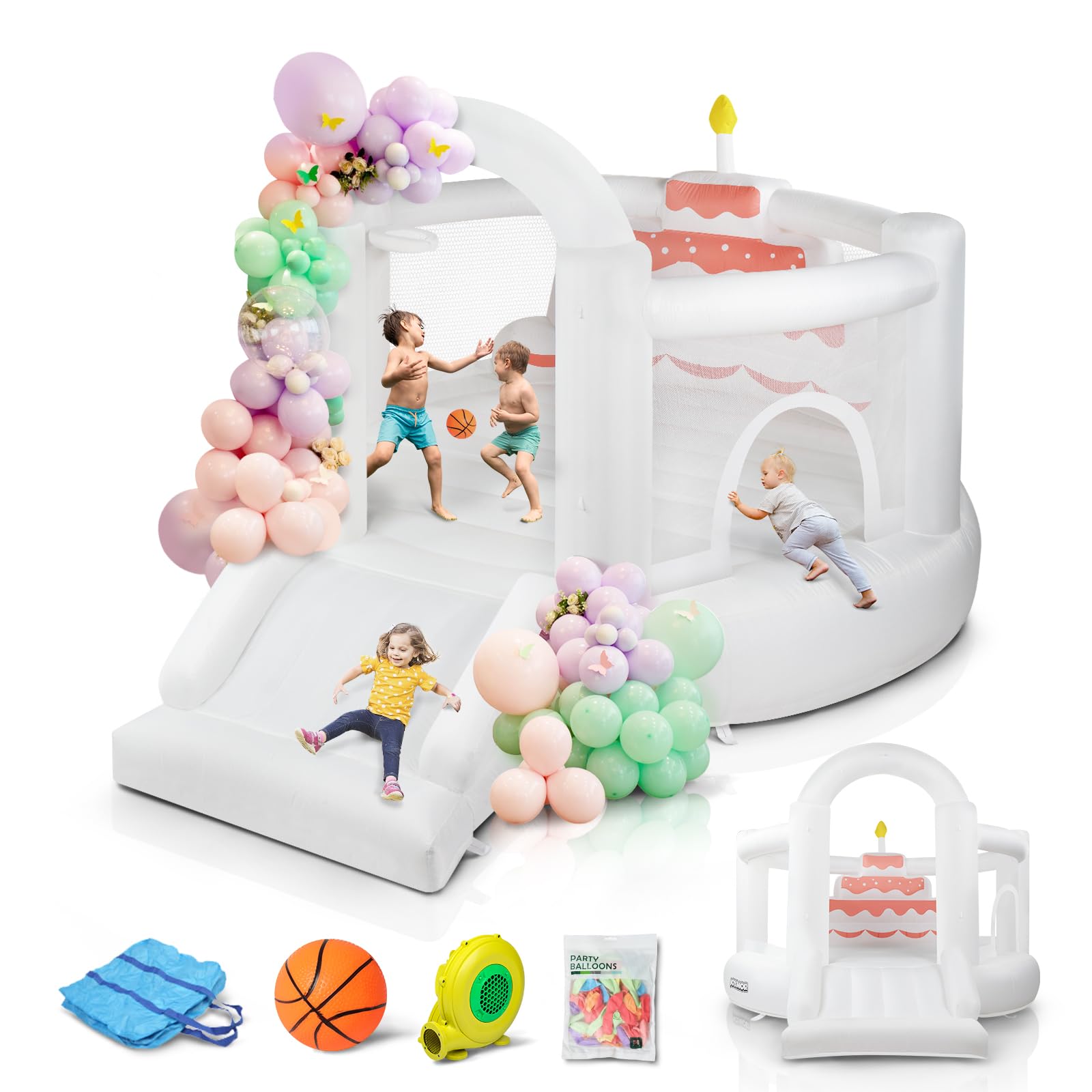 JOYMOR 4-in-1 White Inflatable Bounce House with Slide & Balloons