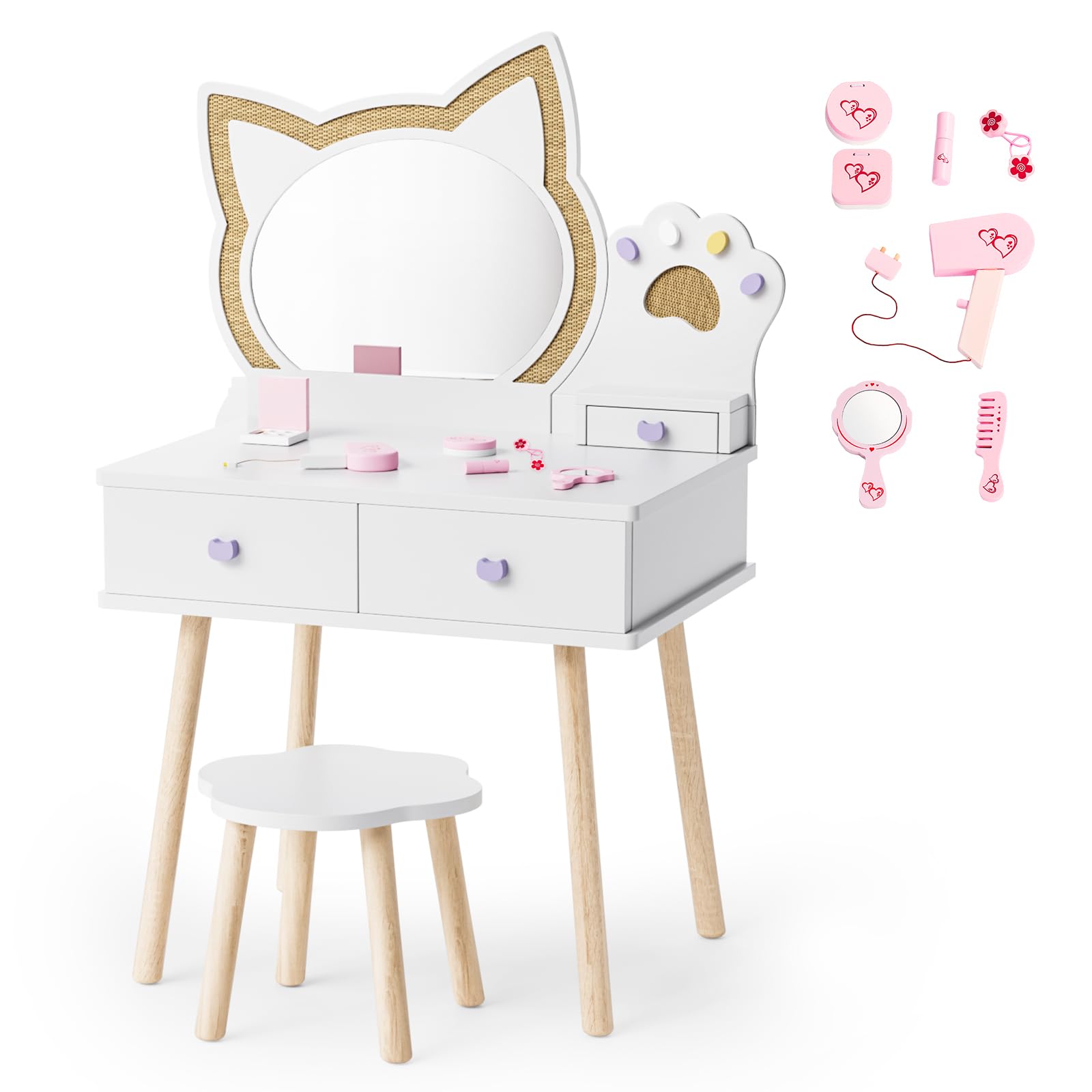 JOYMOR Kids Cat Mirror Vanity Makeup Dressing Table
