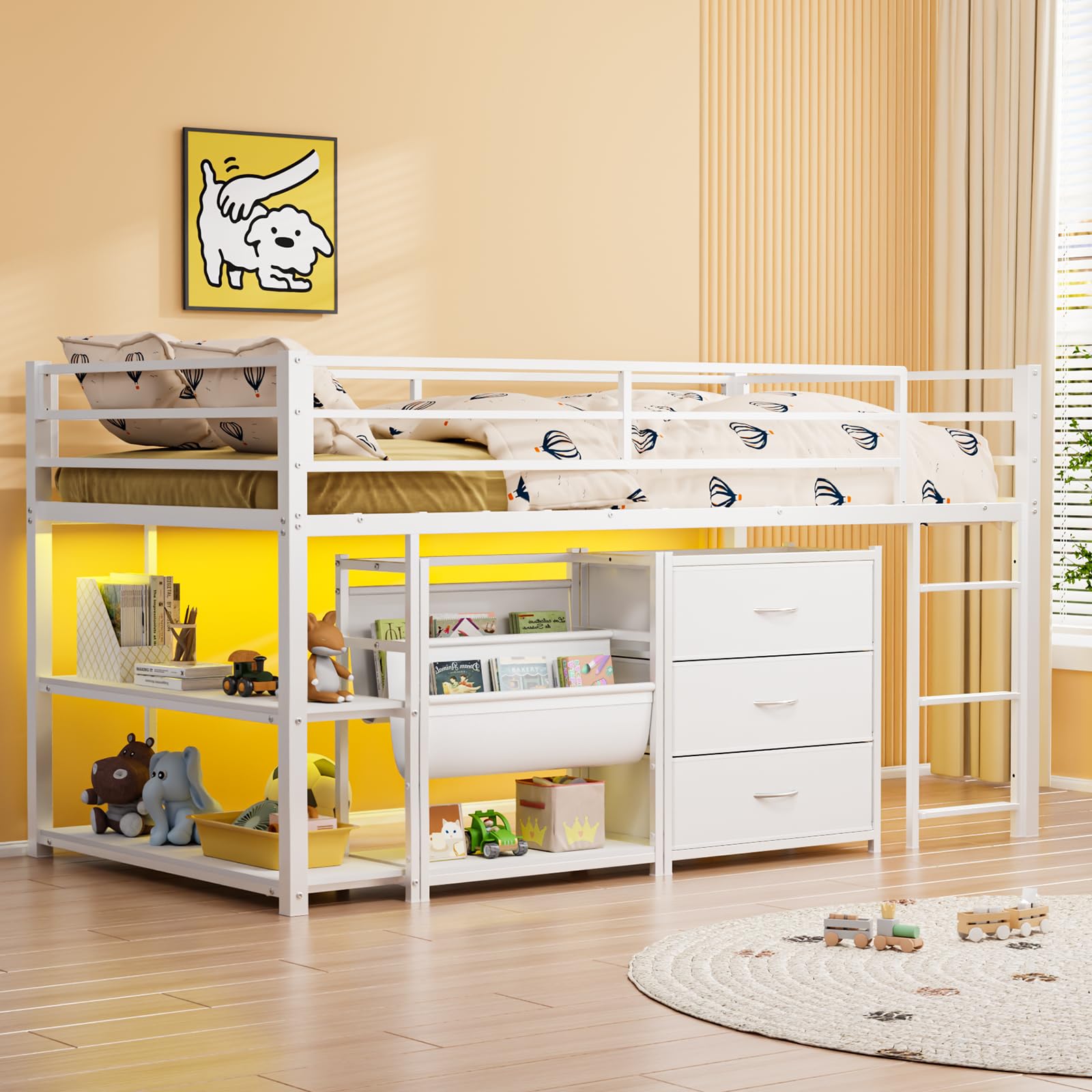 JOYMOR Twin Low Loft Bed with 3 Storage Drawers Shelves Bookcase and LED Lights Metal Frame Safety Guardrail