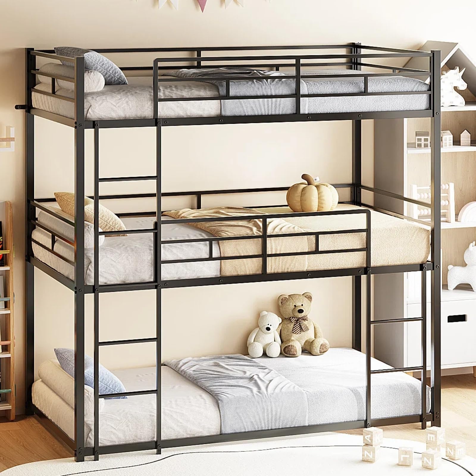 JOYMOR Triple Bunk Bed Twin Over Twin Over Twin Heavy Duty Metal Frame with Safety Guardrail