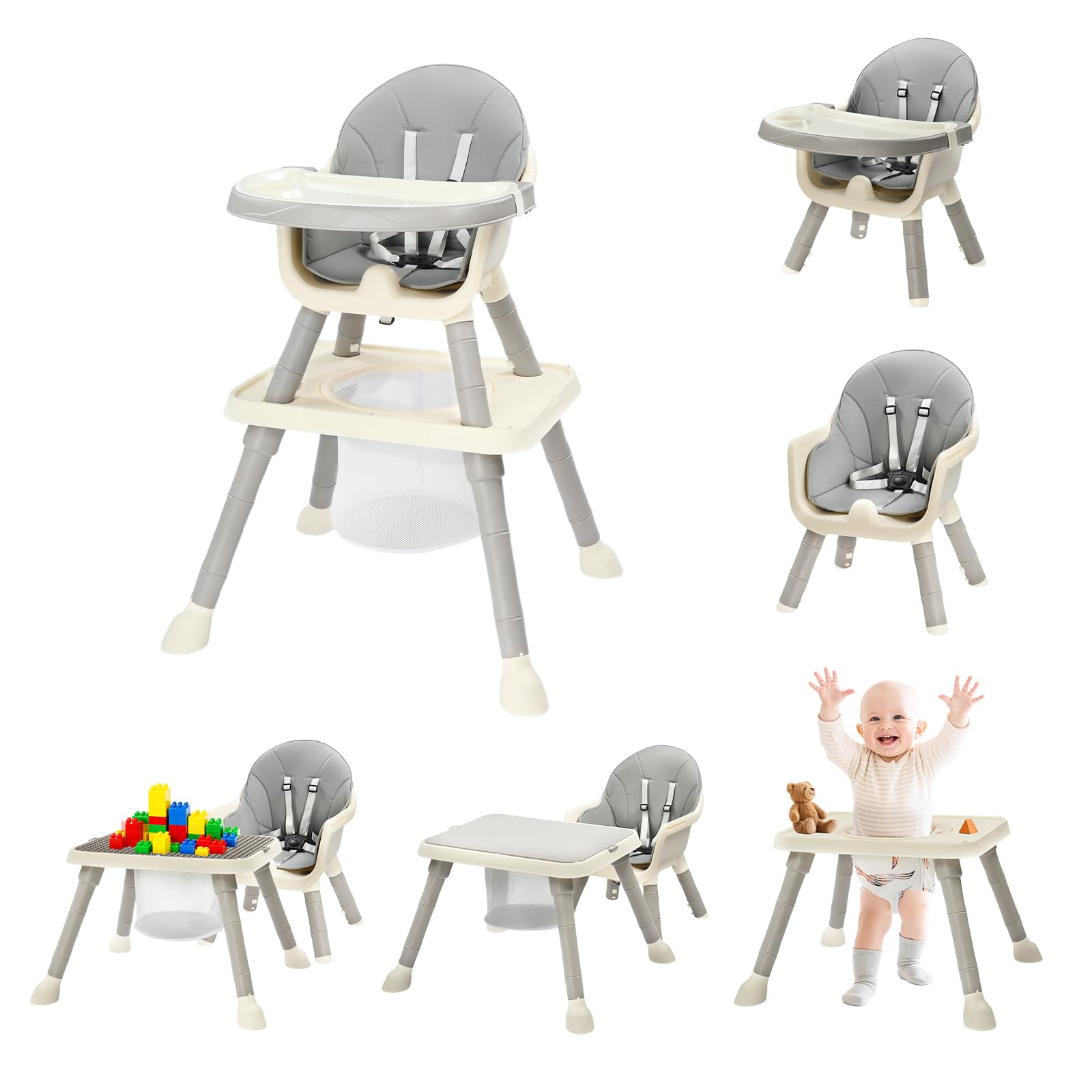 JOYMOR 7 in 1 Convertible High Chair for Babies and Toddlers Learning Table and Chair with Storage Basket