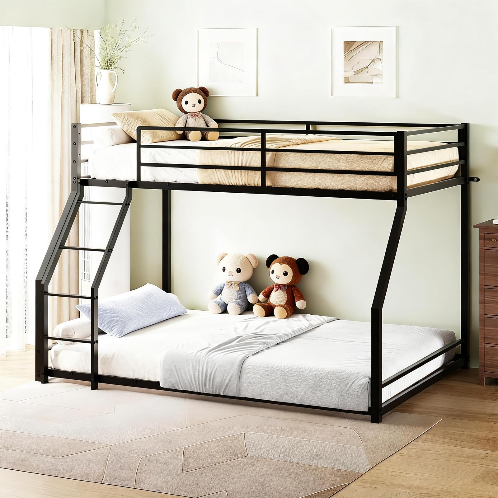 JOYMOR Twin Over Full Bunk Bed Metal Frame with Safety Guardrail Low Profile Space Saving Design