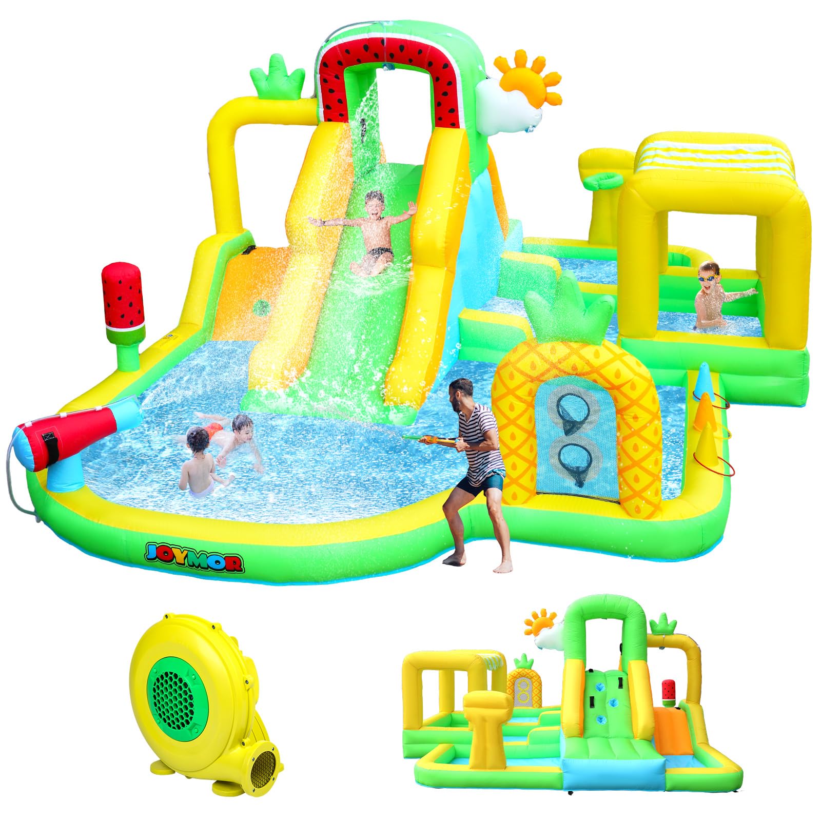 JOYMOR Fruit Theme Inflatable Water Slide for Kids Dual Slides Shaded Splash Pool Backyard