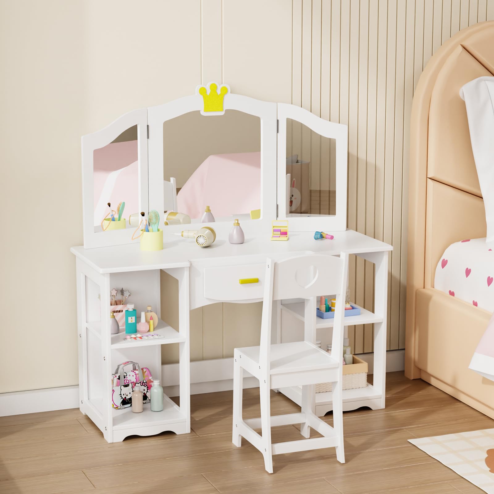 JOYMOR Kids 2 in 1 Princess Vanity Table and Chair Set w/Tri-Folding Mirror