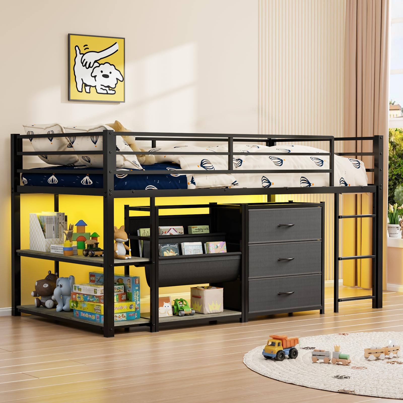 JOYMOR Twin Low Loft Bed with 3 Storage Drawers Shelves Bookcase and LED Lights Metal Frame Safety Guardrail