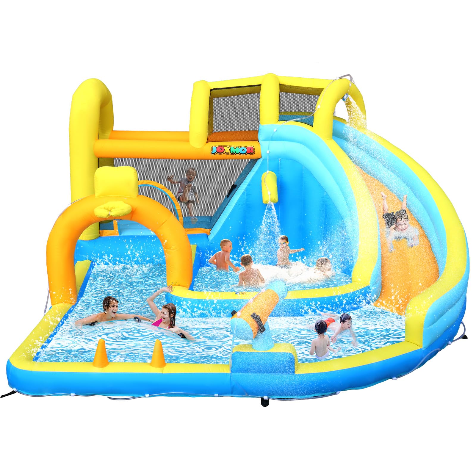 JOYMOR Heavy Duty Inflatable Water Slide with Deep Splash Pool and Blower Basketball Hoop Backyard